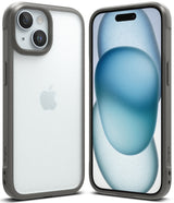 iPhone 15 Case | Fusion Bold - Front and back views of a grey, semi-transparent protective phone case with textured edges.
