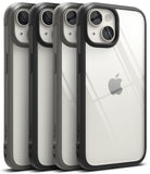 iPhone 15 Case | Fusion Bold - Four clear iPhone 15 cases with black textured bumpers arranged in a row against a white background.