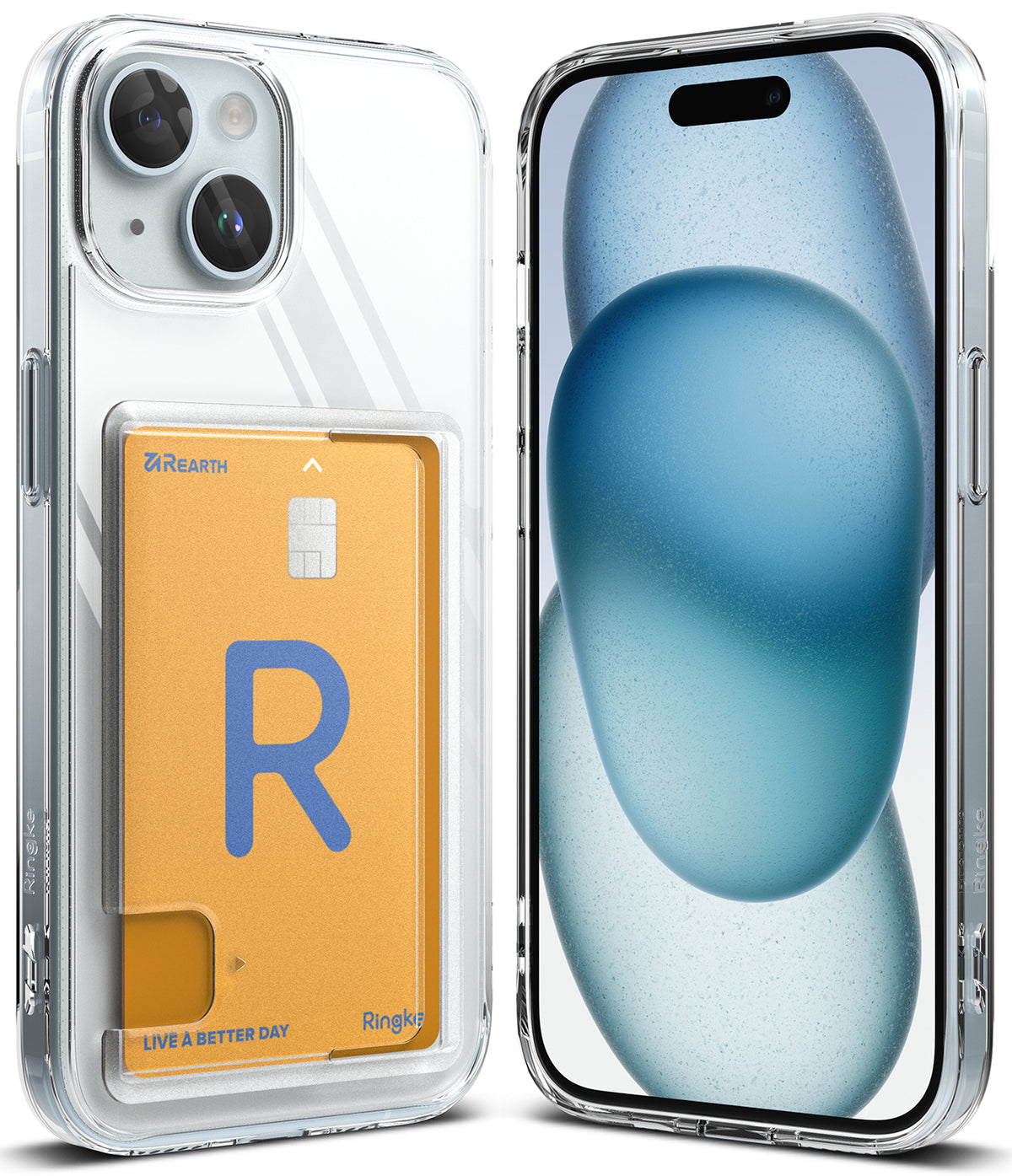 iPhone 15 Case | Fusion Card - Clear phone case with a built-in yellow card holder slot displaying a branded credit card.
