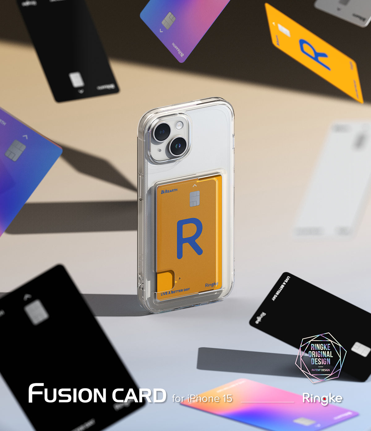 iPhone 15 Case | Fusion Card - Clear iPhone 15 case holding a yellow card, surrounded by floating colorful credit cards.