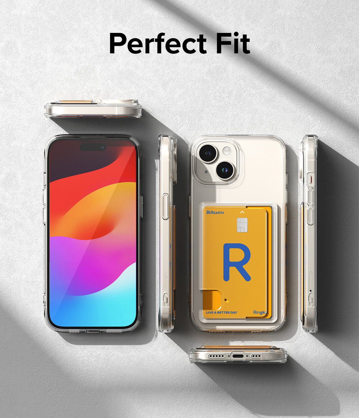 iPhone 15 Case | Fusion Card - Clear iPhone 15 case with a yellow card holder on the back, shown from multiple angles.