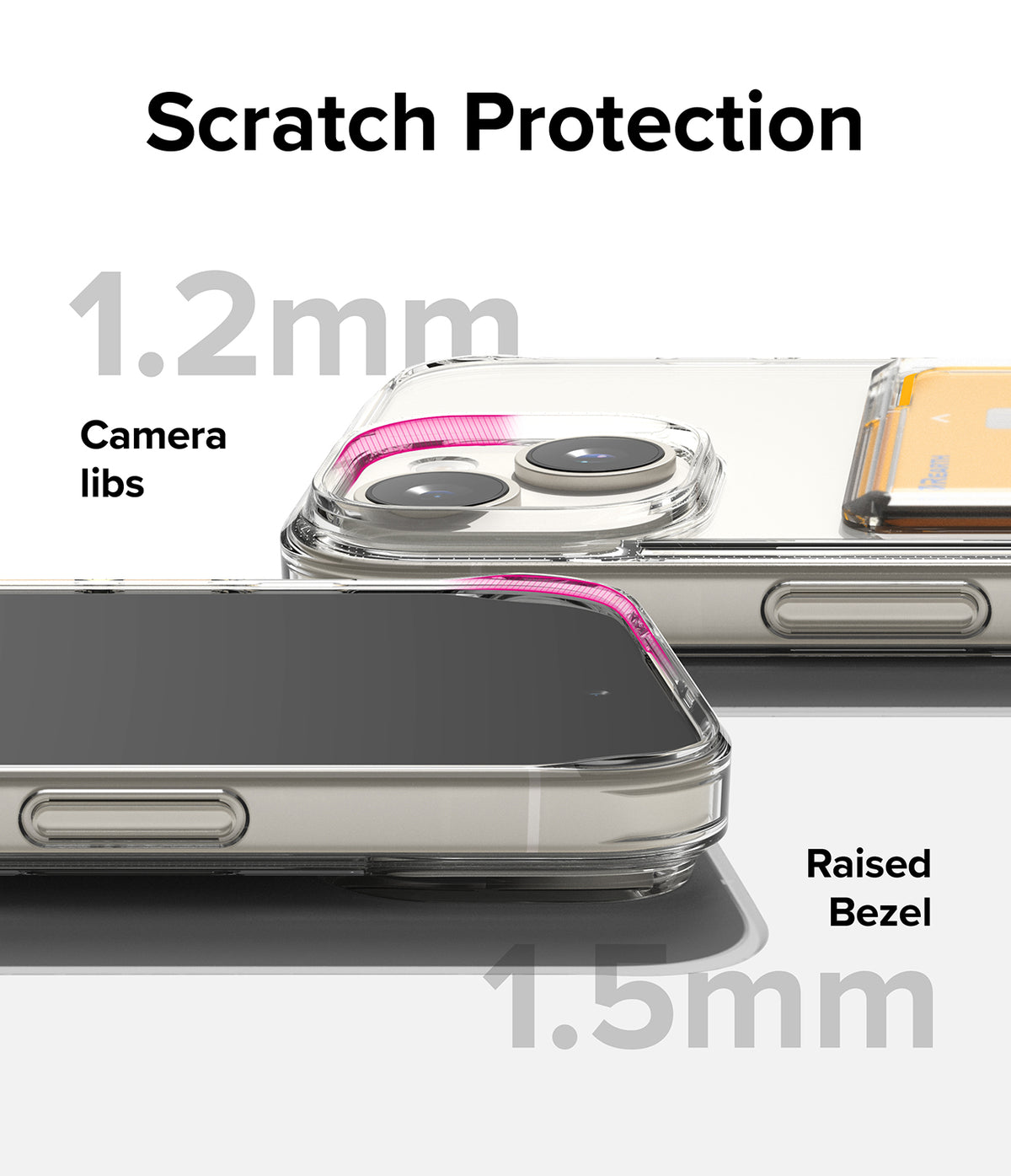 iPhone 15 Case | Fusion Card - Clear phone case showing 1.2mm camera lip and 1.5mm raised screen bezel for scratch protection.