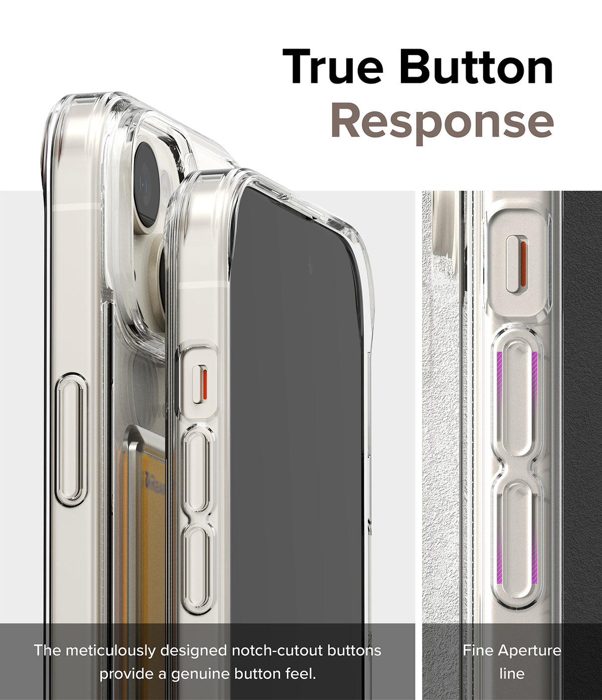 iPhone 15 Case | Fusion Card - Close-up of clear phone case buttons with notch-cutouts for tactile, responsive feedback.