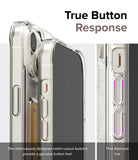 iPhone 15 Case | Fusion Card - Close-up of clear phone case buttons with notch-cutouts for tactile, responsive feedback.