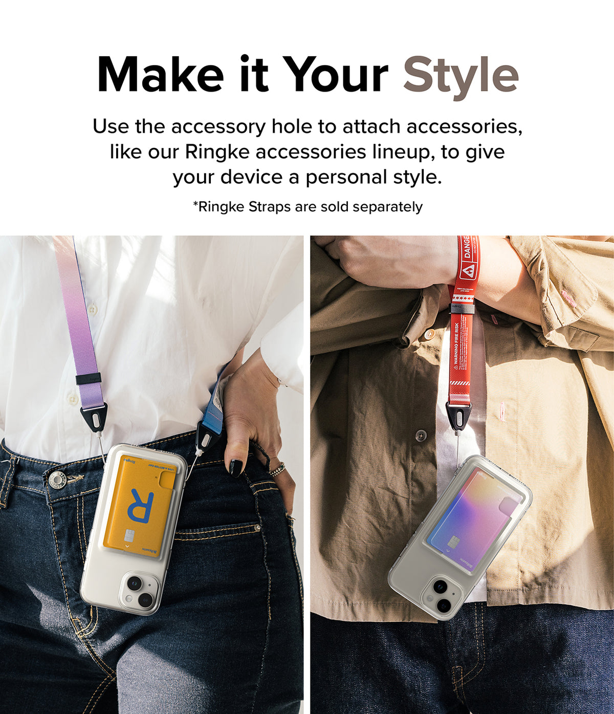iPhone 15 Case | Fusion Card - Two people wearing iPhone 15 cases with card slots attached to colorful neck and wrist straps.