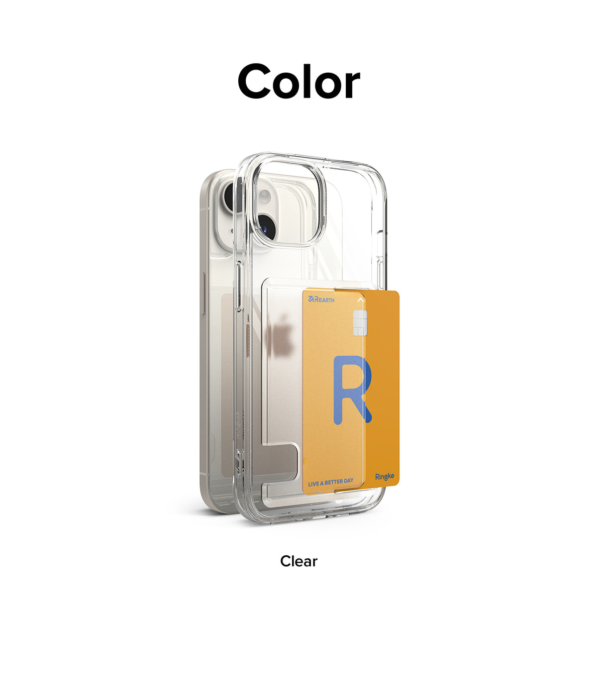 iPhone 15 Case | Fusion Card - Clear iPhone 15 case with a built-in card slot holding a yellow credit card.