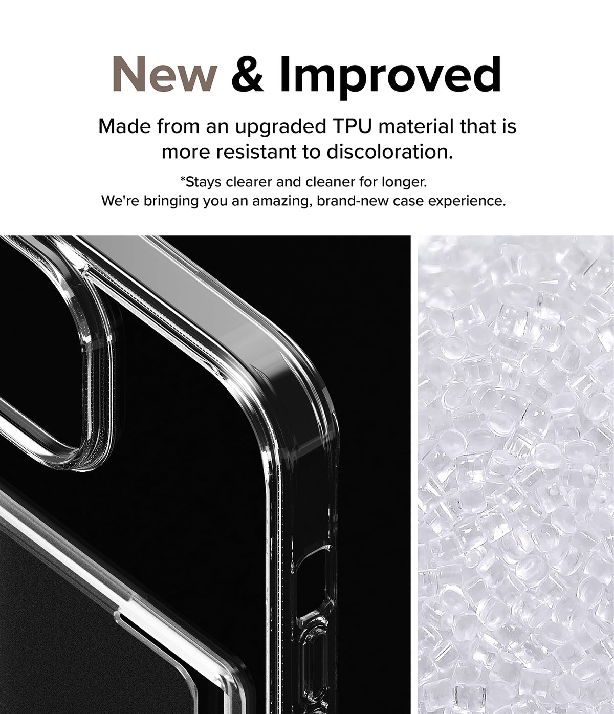iPhone 15 Case | Fusion Card - Clear phone case corner detail next to a pile of raw, translucent TPU plastic pellets.