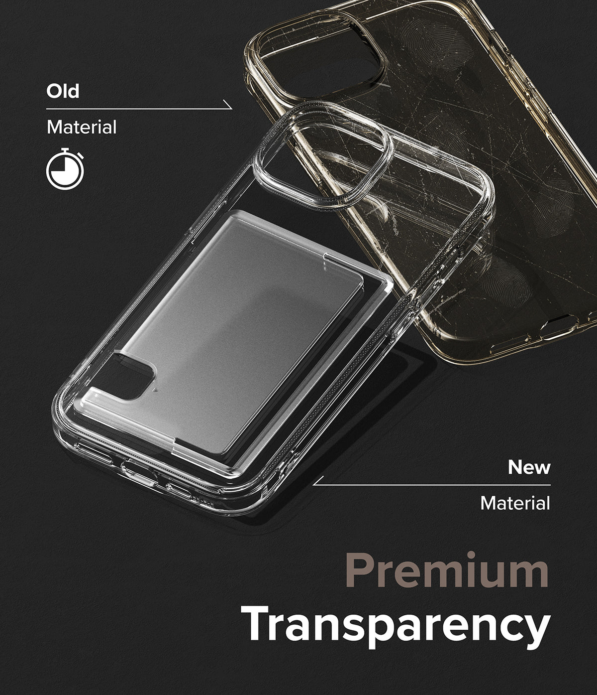 iPhone 15 Case | Fusion Card - Comparison of a yellowed, scratched old phone case versus a clear, new premium case.
