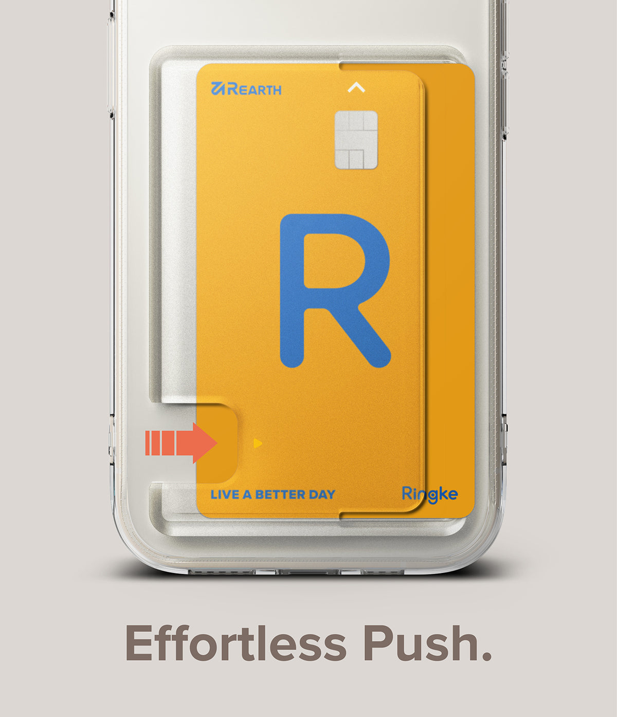 iPhone 15 Case | Fusion Card - A yellow card inside a clear phone case with an arrow indicating a push-to-slide mechanism.