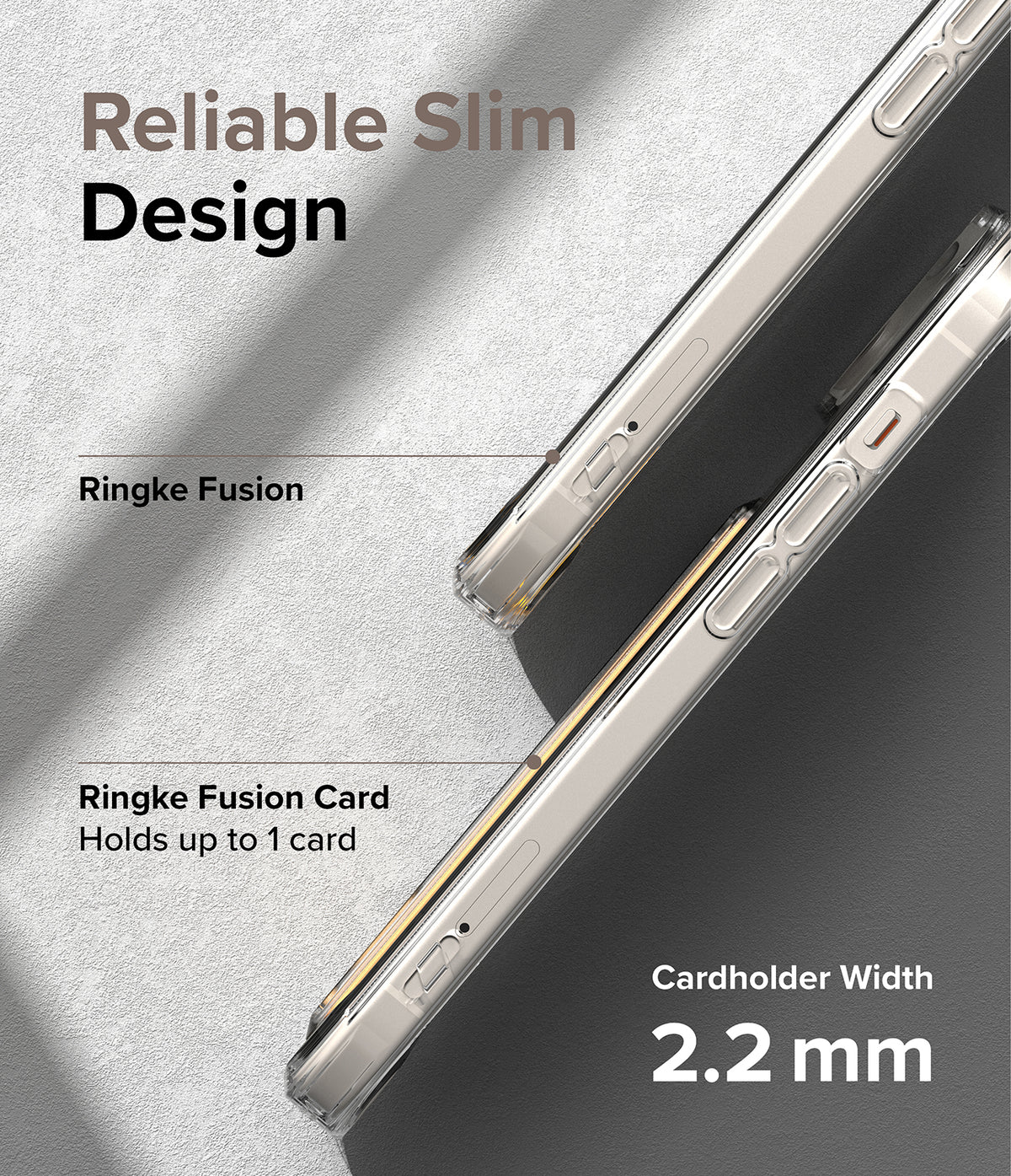 iPhone 15 Case | Fusion Card - Comparison of a standard clear case and a slim cardholder case with 2.2mm width.