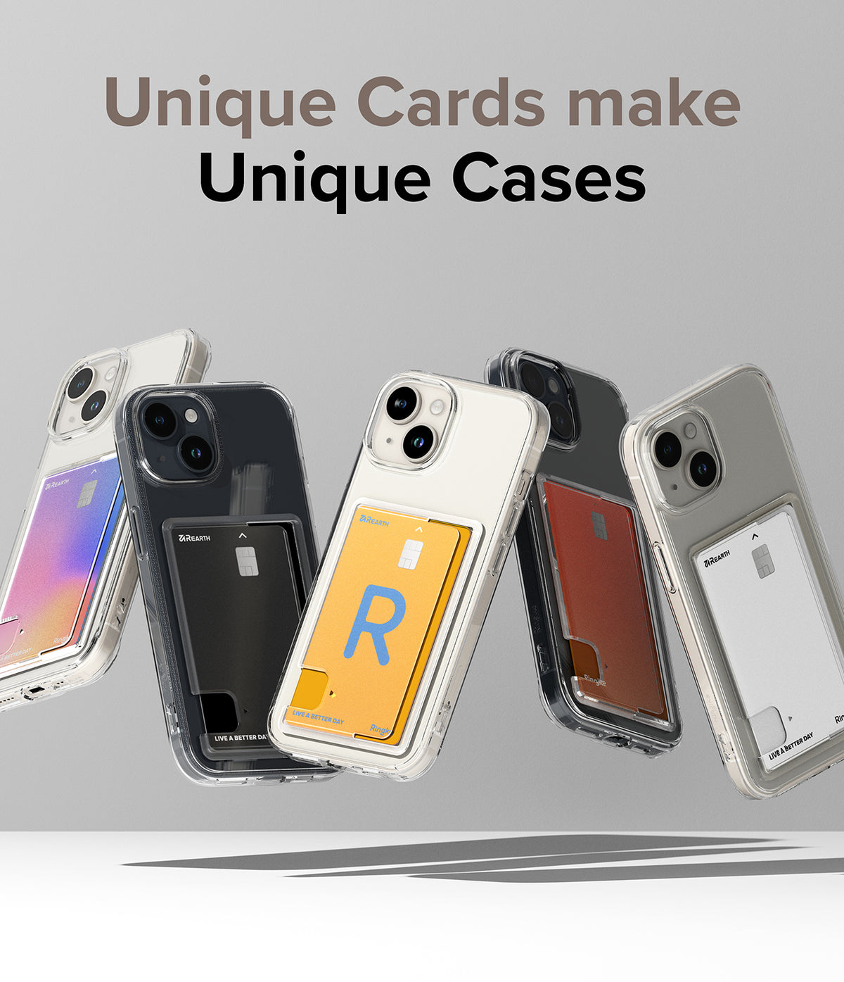 iPhone 15 Case | Fusion Card - Five clear iPhone 15 cases with various colorful cards inserted in the back slots against a gray background.