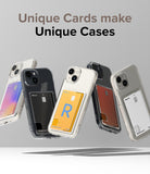 iPhone 15 Case | Fusion Card - Five clear iPhone 15 cases with various colorful cards inserted in the back slots against a gray background.