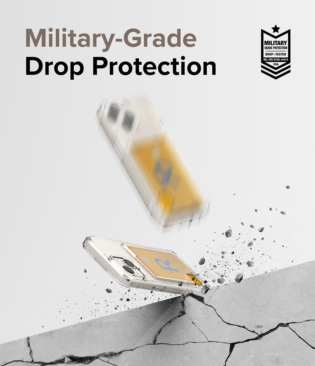 iPhone 15 Case | Fusion Card - Clear phone case with card holder bouncing off a cracked concrete surface.