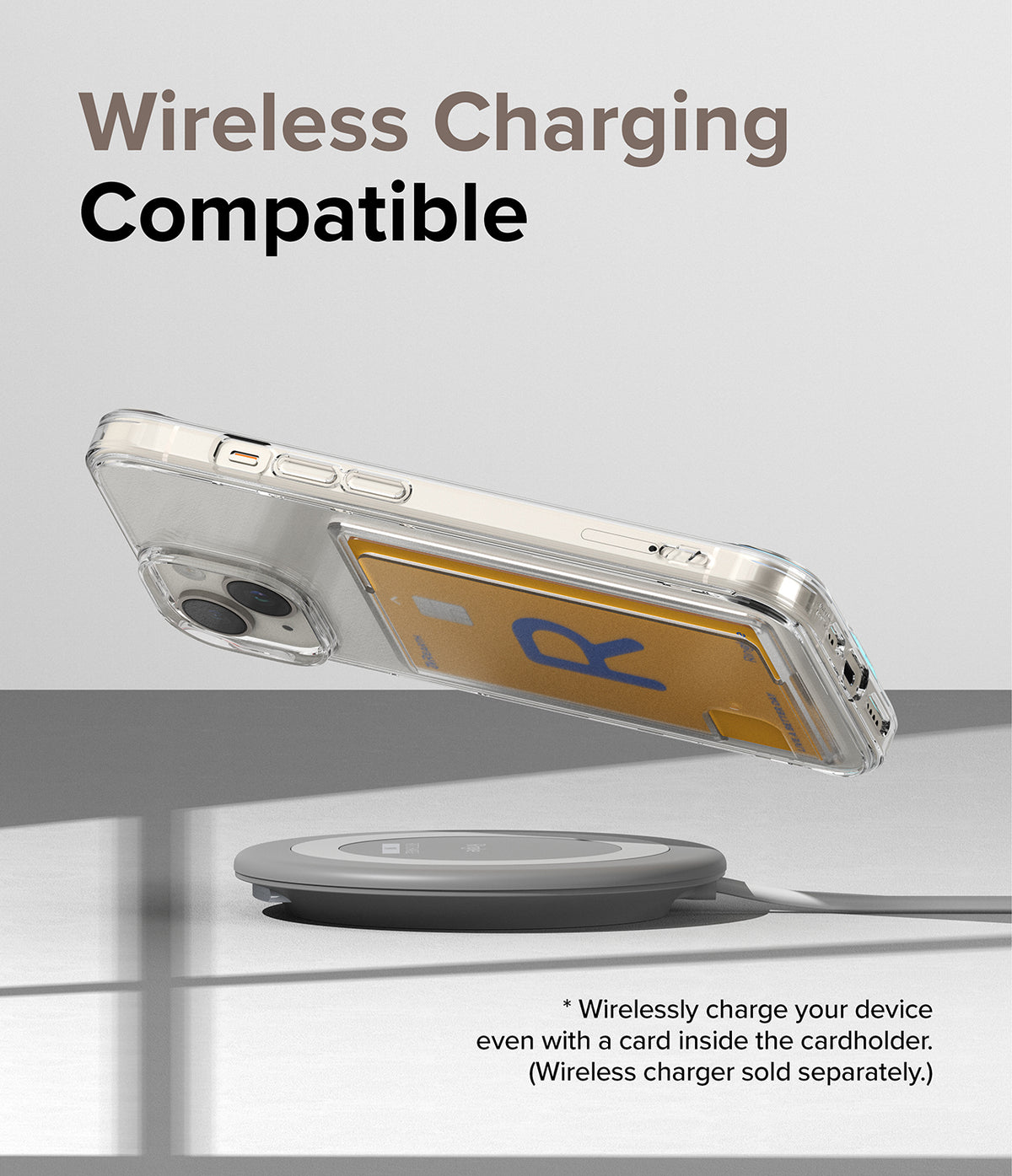 iPhone 15 Case | Fusion Card - Clear phone case with a card inside, hovering above a wireless charging pad.