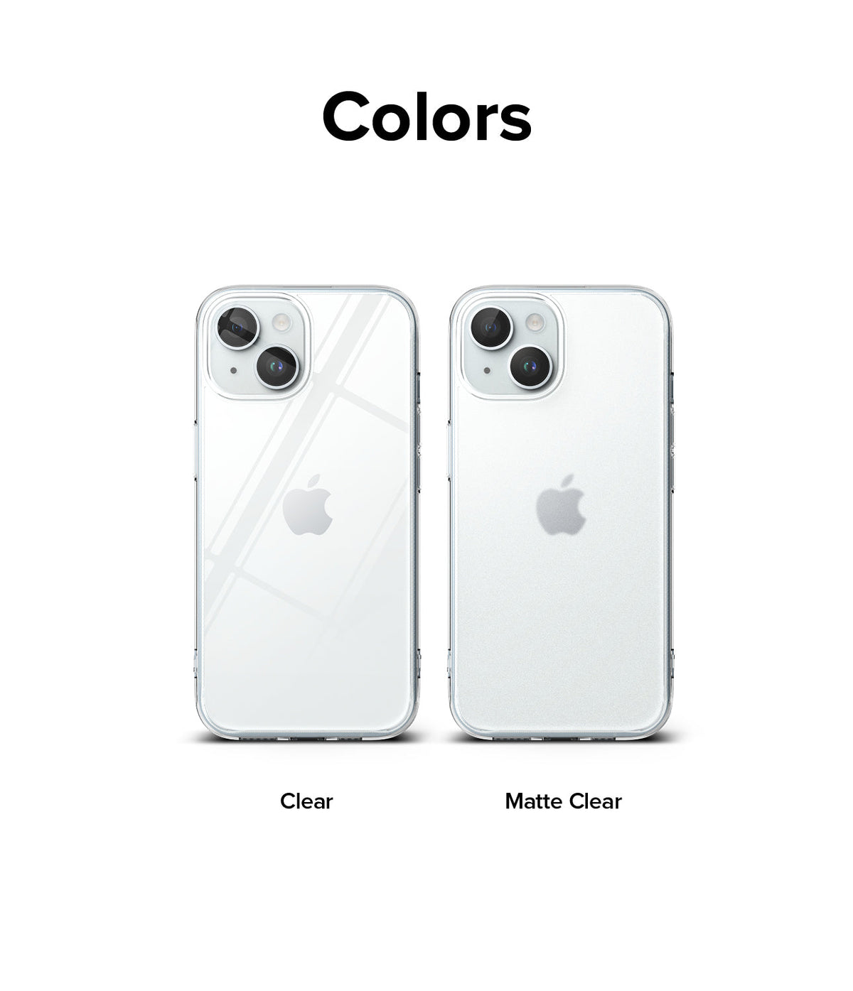 iPhone 15 Case | Fusion - Two iPhone 15 phones showing clear and matte clear case options side-by-side.