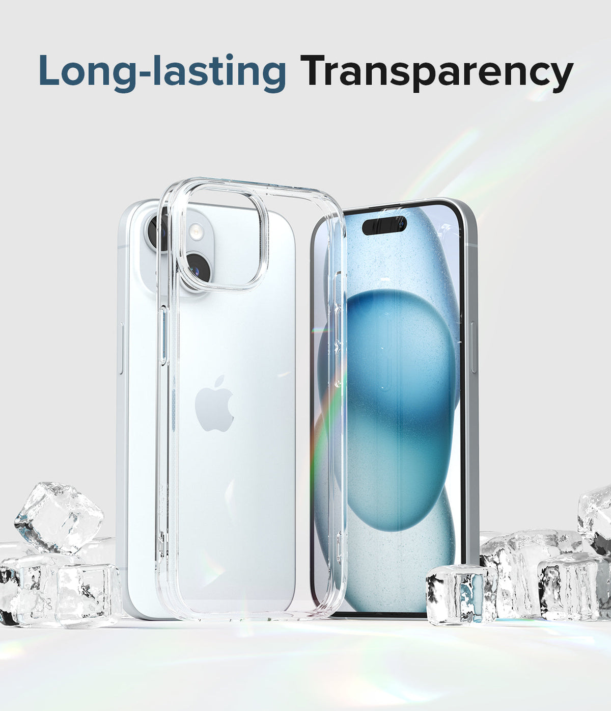 iPhone 15 Case | Fusion - Clear phone case standing with an iPhone 15 surrounded by ice cubes against a light background.