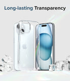 iPhone 15 Case | Fusion - Clear phone case standing with an iPhone 15 surrounded by ice cubes against a light background.