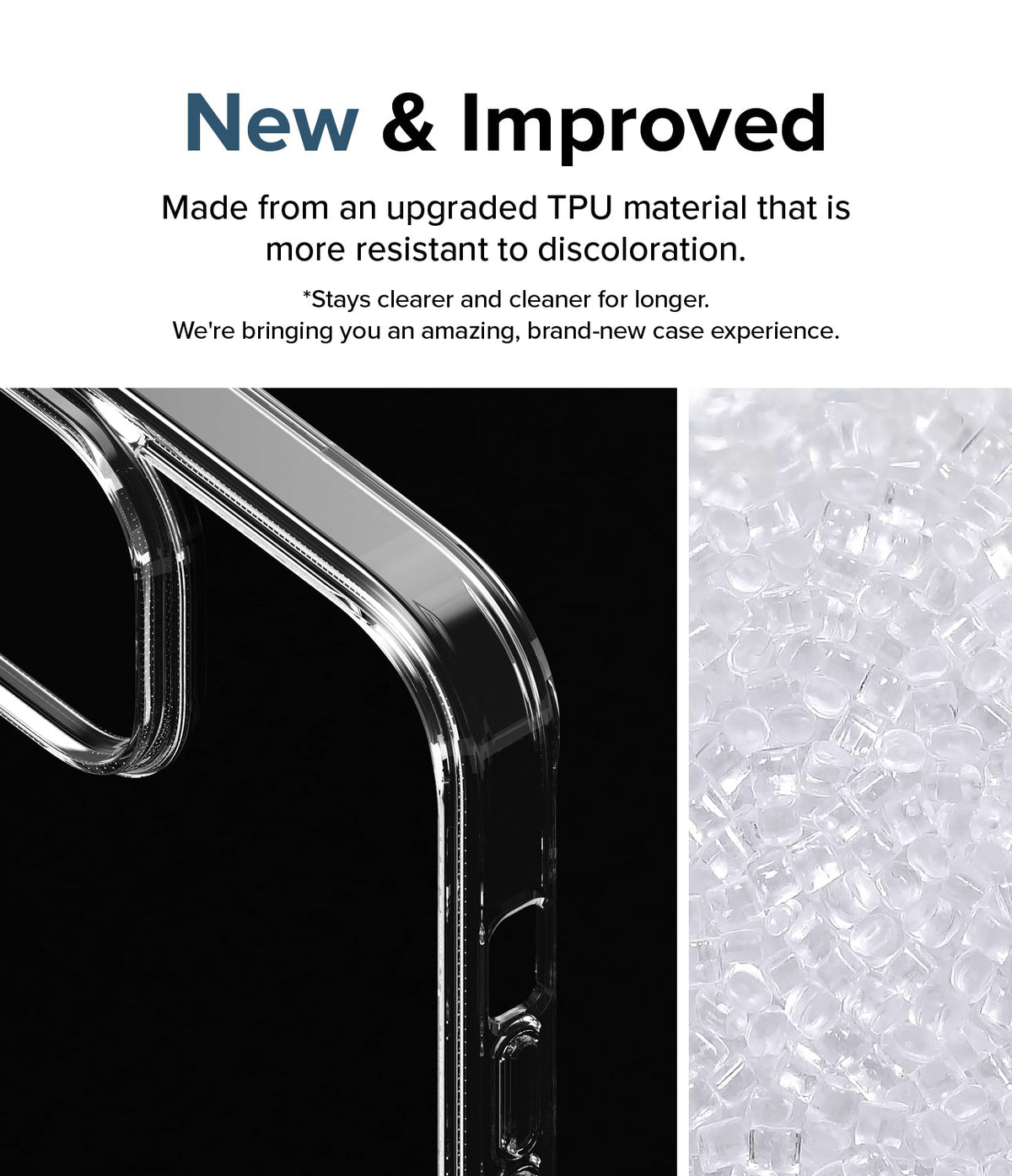 iPhone 15 Case | Fusion - Clear phone case corner detail next to a pile of raw, transparent TPU plastic pellets.