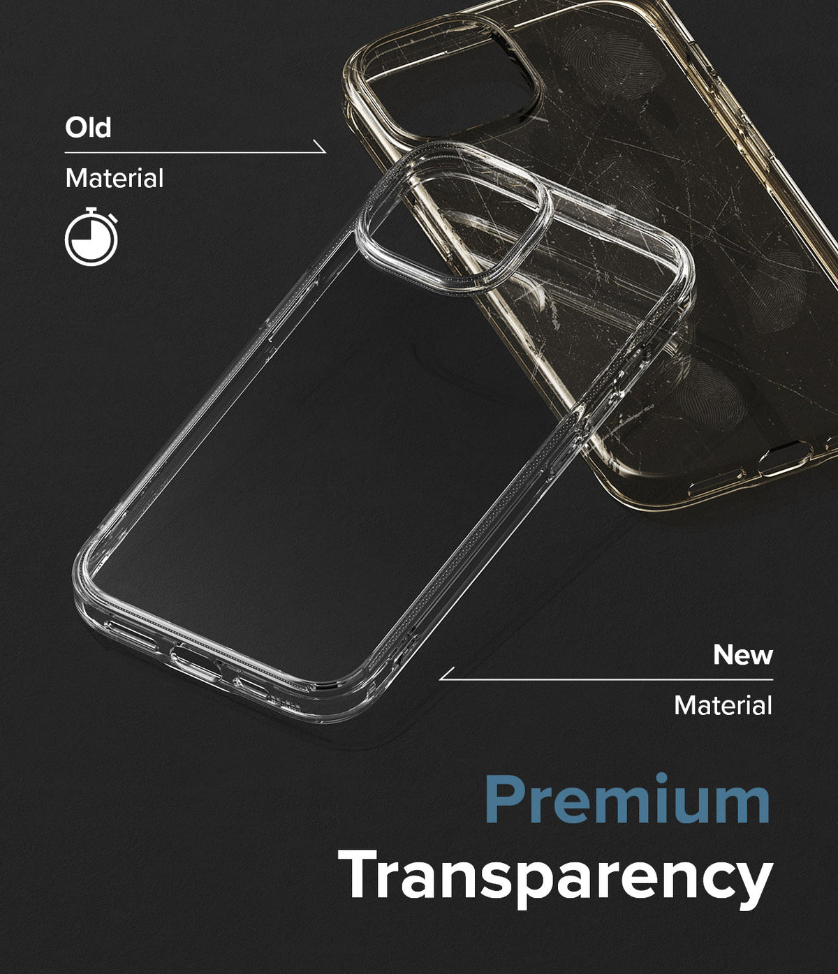 iPhone 15 Case | Fusion - Comparison of a yellowed, scratched old phone case and a clear, new premium transparent case.