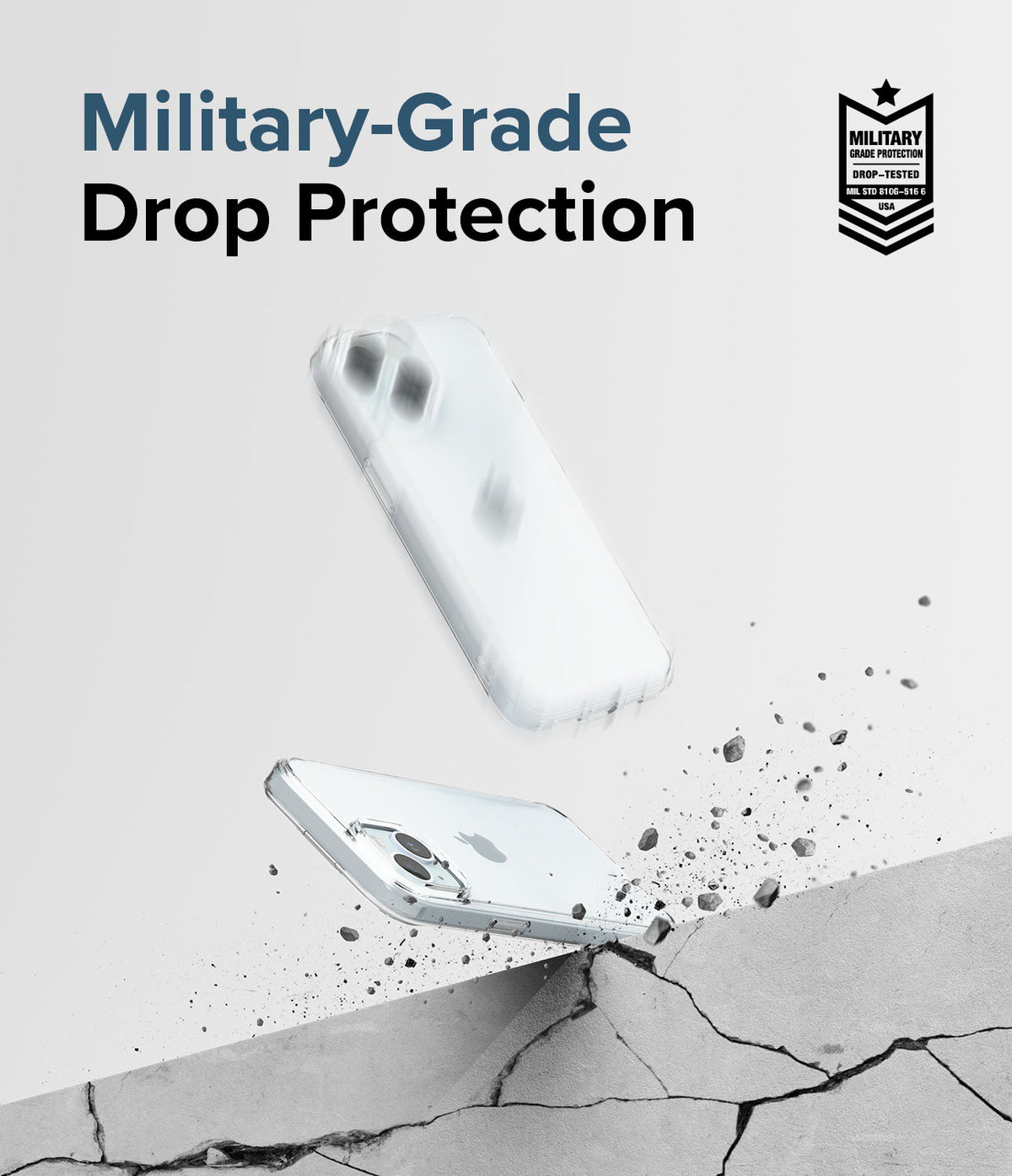 iPhone 15 Case | Fusion - Clear phone case bouncing off a cracked concrete surface with military-grade protection badge.
