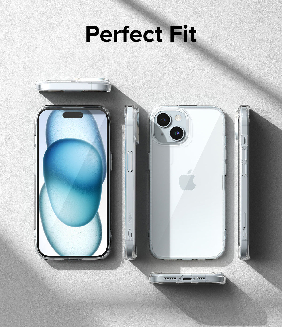 iPhone 15 Case | Fusion - Multiple views of a clear iPhone 15 case showing precise cutouts and a perfect fit on the device.