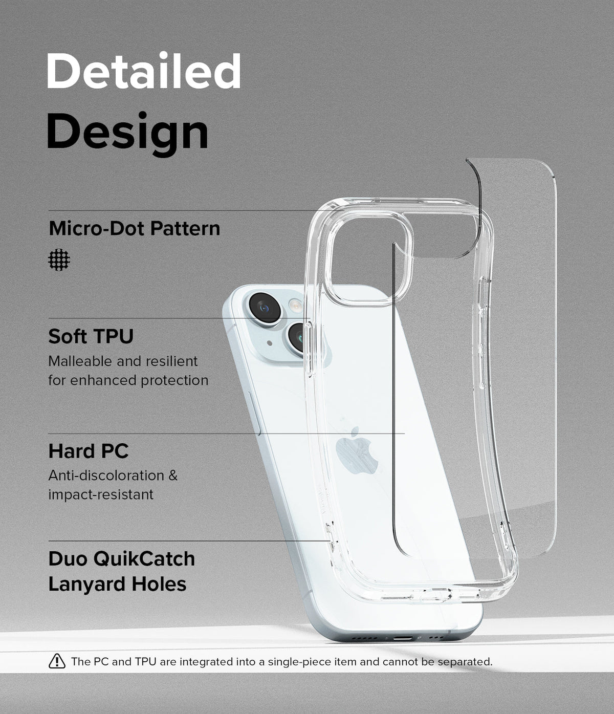 iPhone 15 Case | Fusion - Exploded view of a clear phone case highlighting TPU, PC materials, and lanyard holes.
