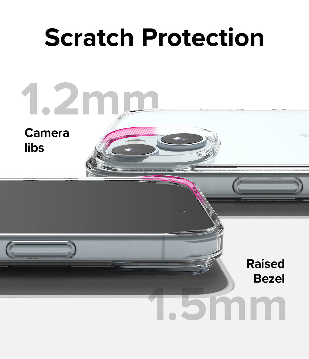 iPhone 15 Case | Fusion - Clear phone case showing 1.2mm camera lens protection and 1.5mm raised screen bezel.