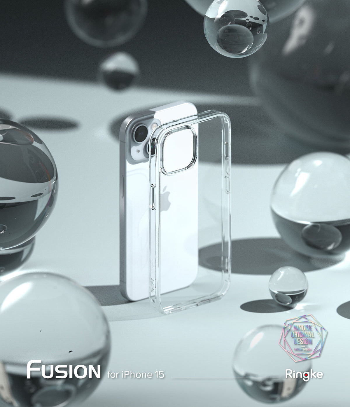 iPhone 15 Case | Fusion - Clear phone case standing next to an iPhone 15 surrounded by floating glass spheres.