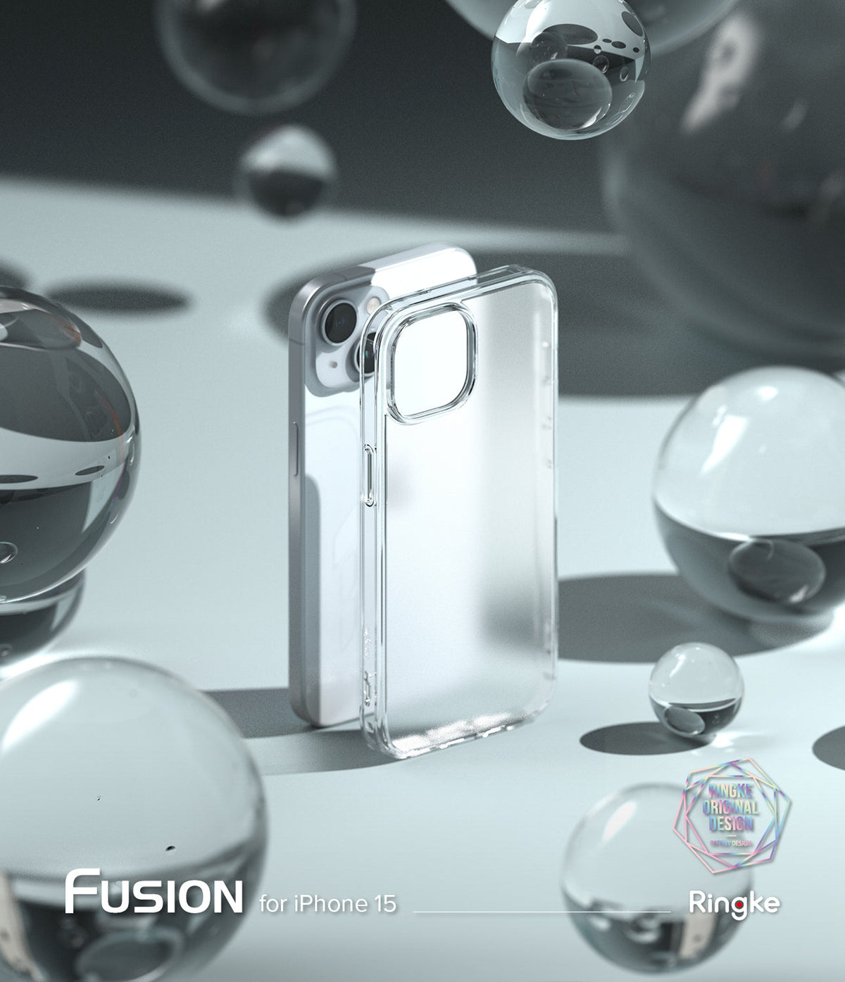 iPhone 15 Case | Fusion - Clear protective phone case standing next to an iPhone 15 surrounded by floating glass spheres.