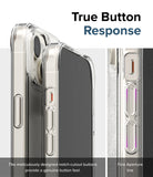 iPhone 15 Plus Case | Fusion - Close-up of clear phone case buttons with notch-cutouts for tactile response and aperture lines.