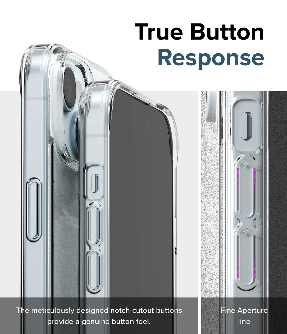 iPhone 15 Case | Fusion - Close-up of clear phone case buttons with notch-cutout design for tactile response.