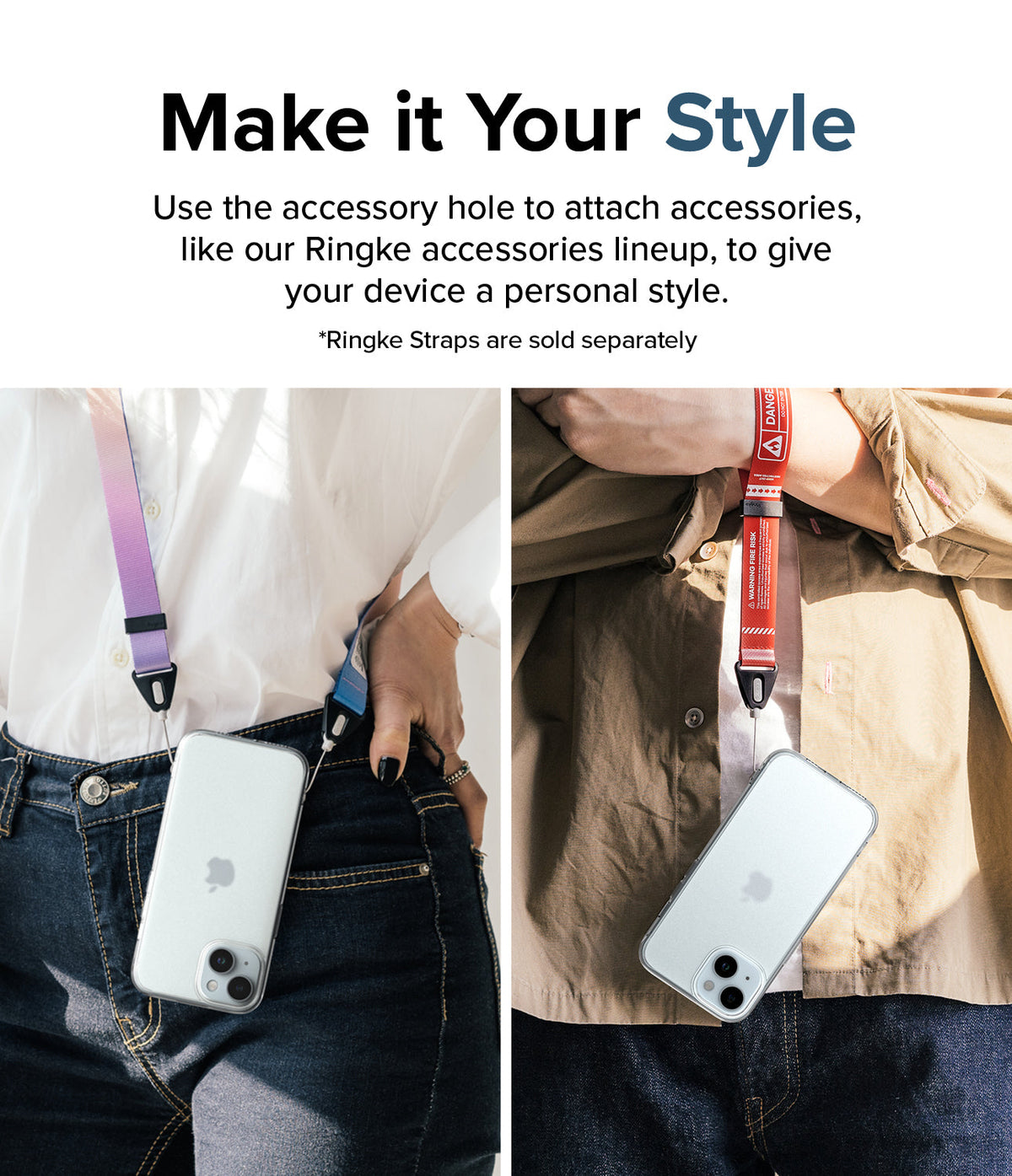 iPhone 15 Case | Fusion - Two people wearing iPhones in clear cases attached to colorful, branded neck and wrist straps.
