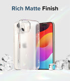 iPhone 15 Plus Case | Fusion - Clear matte phone case standing next to an iPhone 15 Plus surrounded by ice cubes.