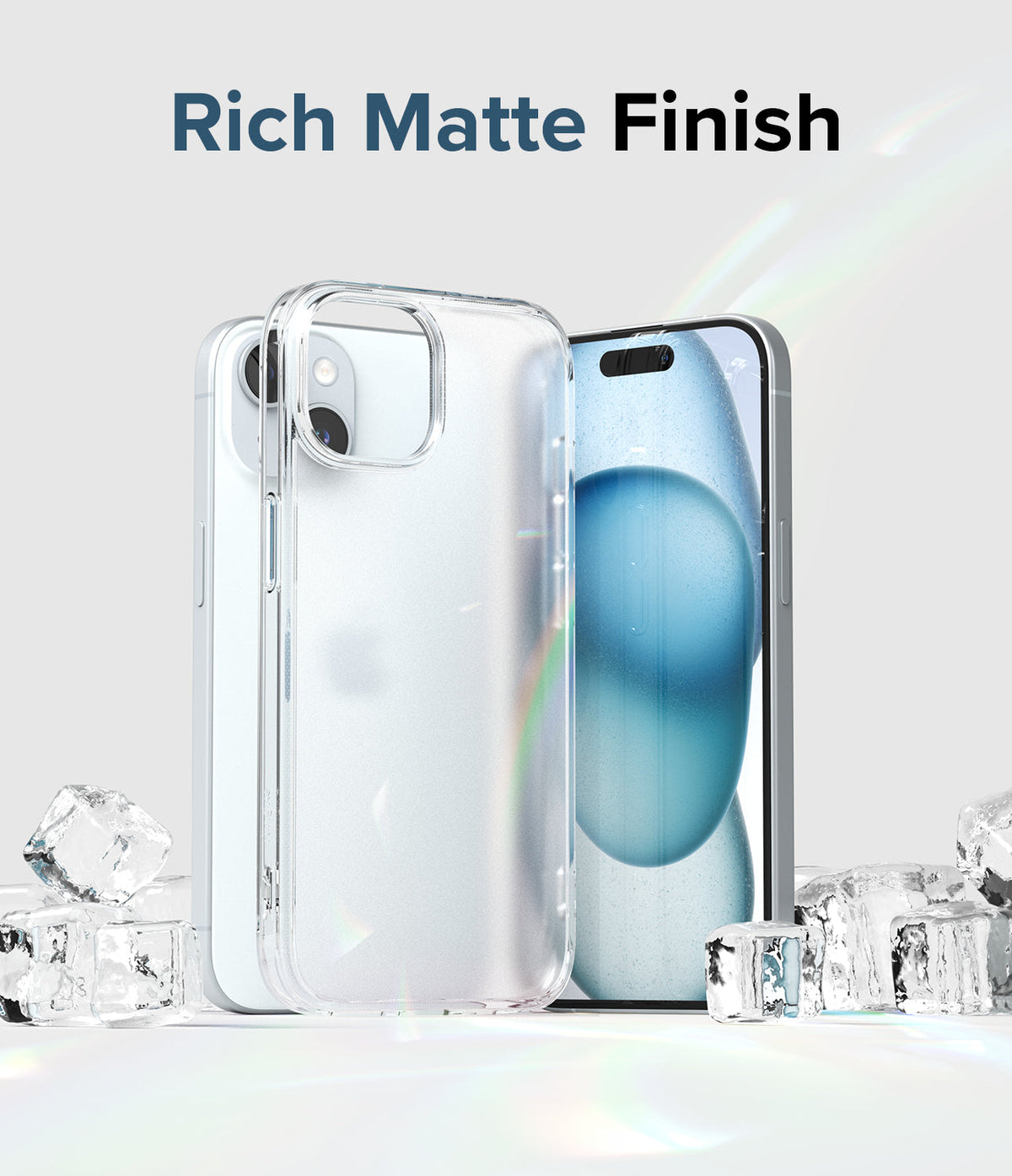 iPhone 15 Case | Fusion - Clear matte phone case standing next to an iPhone 15 surrounded by ice cubes on a white surface.
