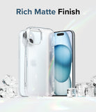 iPhone 15 Case | Fusion - Clear matte phone case standing next to an iPhone 15 surrounded by ice cubes on a white surface.