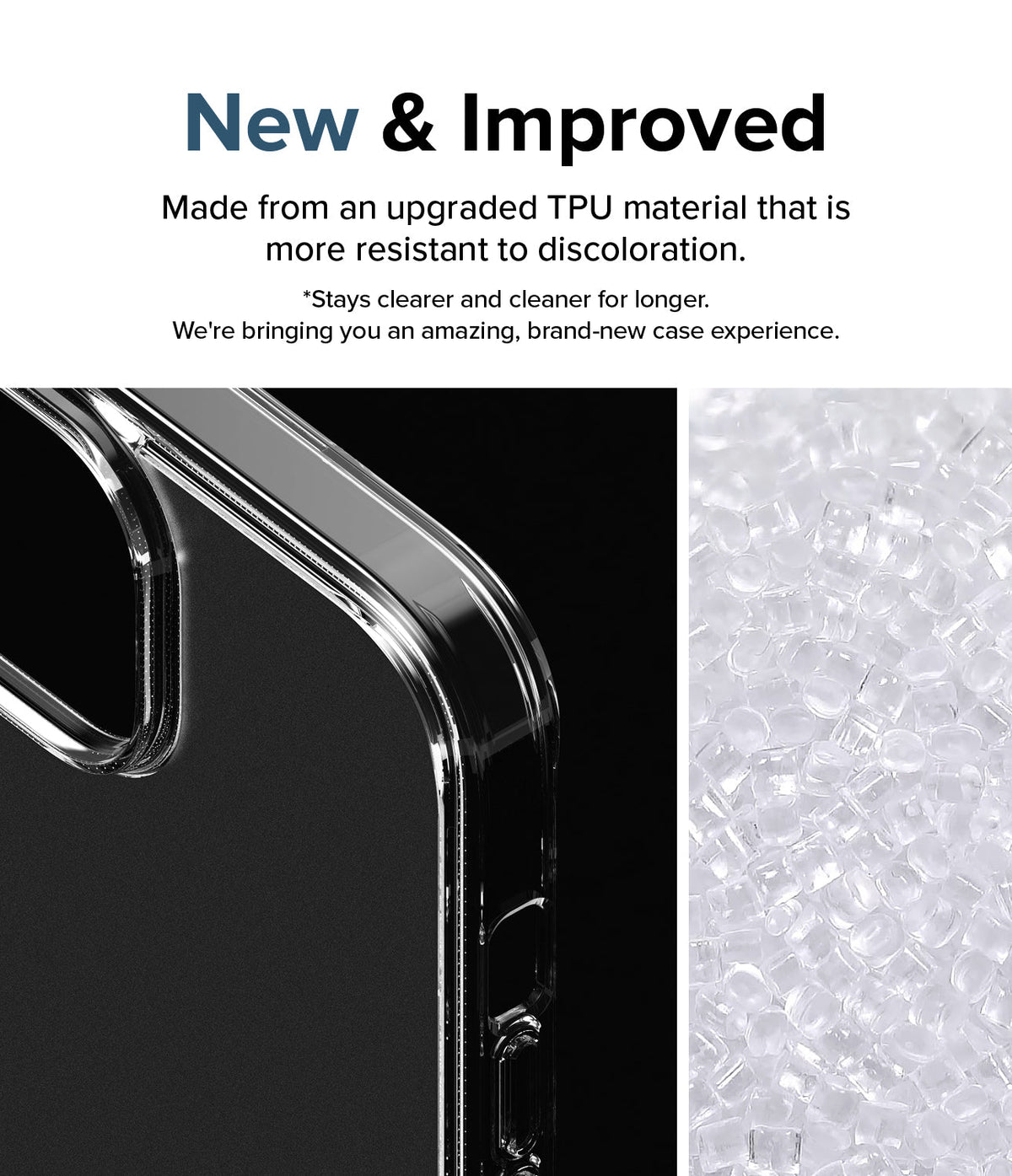 iPhone 15 Case | Fusion - Clear phone case corner detail next to a pile of raw, transparent TPU plastic pellets.