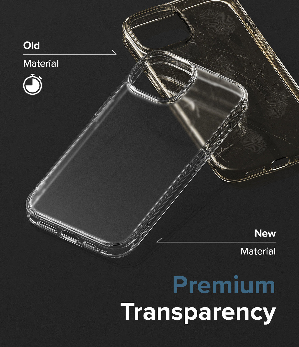 iPhone 15 Case | Fusion - Comparison of a yellowed, scratched old case and a clear, pristine new premium material case.