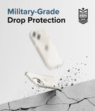 iPhone 15 Plus Case | Fusion - Clear phone case bouncing off a cracked concrete surface with military-grade protection badge.
