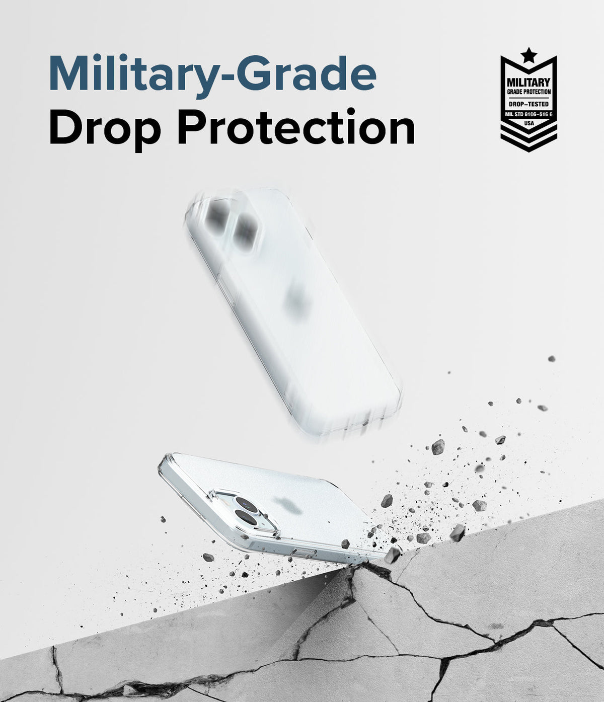 iPhone 15 Case | Fusion - Clear phone case bouncing off a cracked concrete surface with military-grade protection badge.