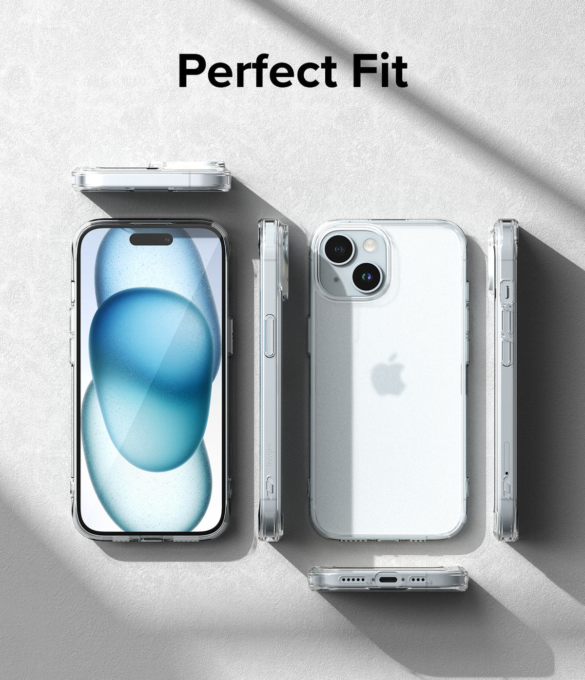 iPhone 15 Case | Fusion - Clear iPhone 15 case shown from front, back, and side angles on a textured gray surface.
