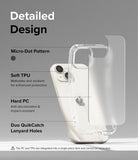 iPhone 15 Plus Case | Fusion - Exploded view of a clear phone case highlighting TPU, hard PC, and lanyard hole features.