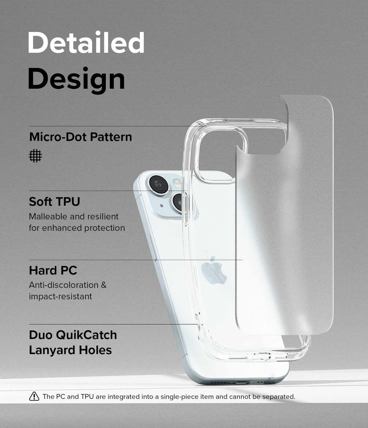 iPhone 15 Case | Fusion - Exploded view of a clear phone case highlighting TPU, hard PC, micro-dots, and lanyard holes.
