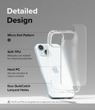 iPhone 15 Case | Fusion - Exploded view of a clear phone case highlighting TPU, hard PC, micro-dots, and lanyard holes.