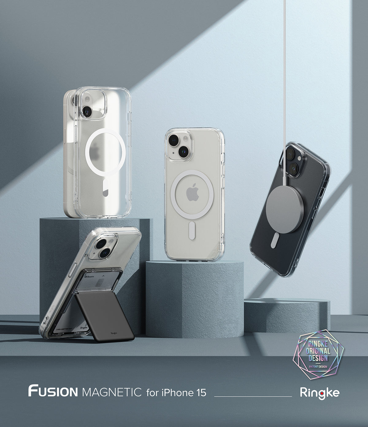 iPhone 15 Case | Fusion Magnetic - Three clear iPhone 15 cases on pedestals, one with a magnetic charger and one with a kickstand.