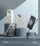 iPhone 15 Case | Fusion Magnetic - Three clear iPhone 15 cases on pedestals, one with a magnetic charger and one with a kickstand.