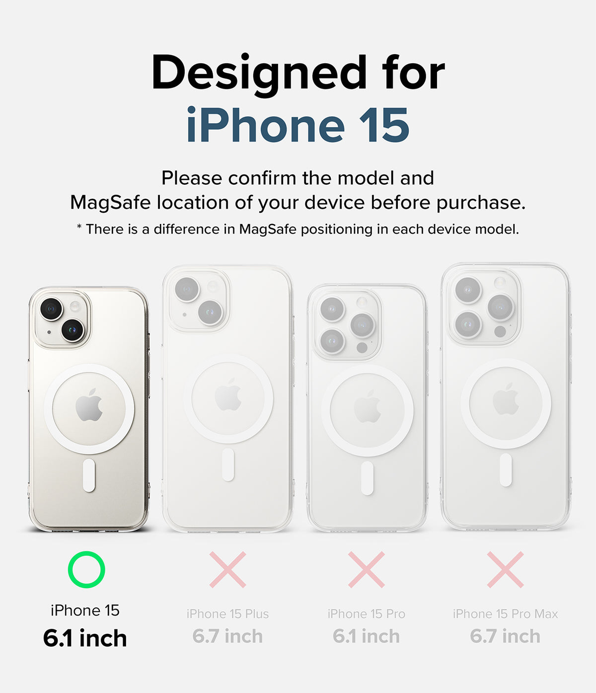 iPhone 15 Case | Fusion Magnetic - Comparison chart showing iPhone 15 models with MagSafe alignment for case compatibility.