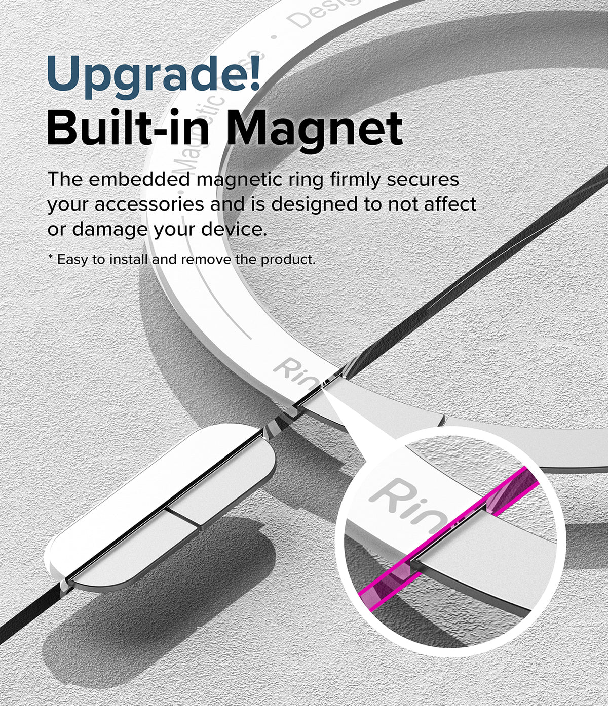 iPhone 15 Case | Fusion Magnetic - Close-up of a magnetic ring on a phone case with text highlighting built-in magnet features.