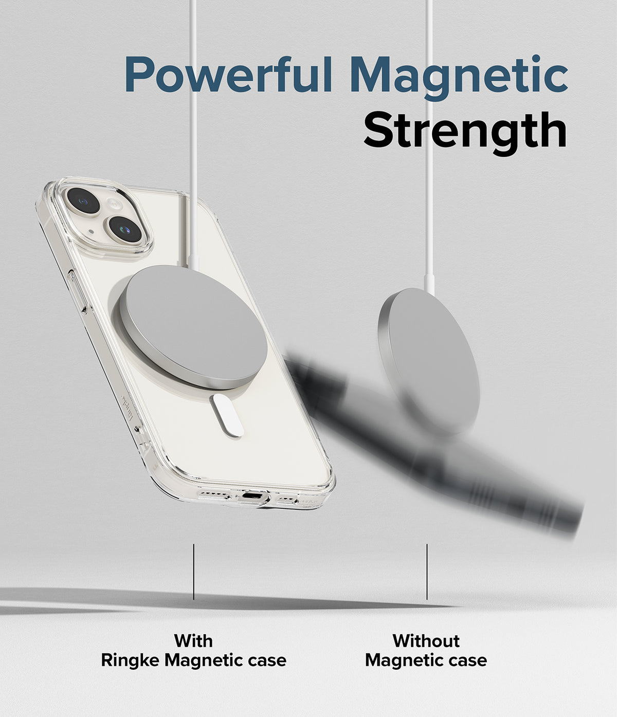 iPhone 15 Case | Fusion Magnetic - A clear phone case held by a magnetic charger while a phone without a case falls away.