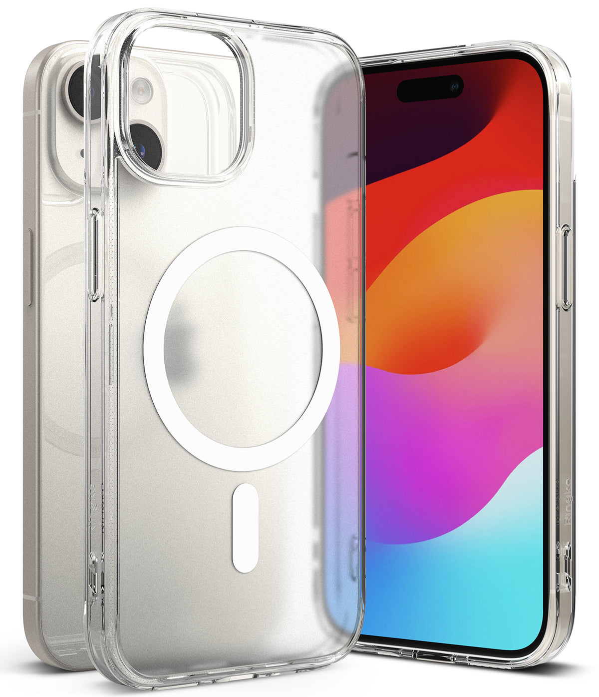 iPhone 15 Case | Fusion Magnetic Matte - Clear magnetic phone case with white ring icon on a matte back, shown with an iPhone.