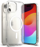 iPhone 15 Case | Fusion Magnetic Matte - Clear magnetic phone case with white ring icon on a matte back, shown with an iPhone.